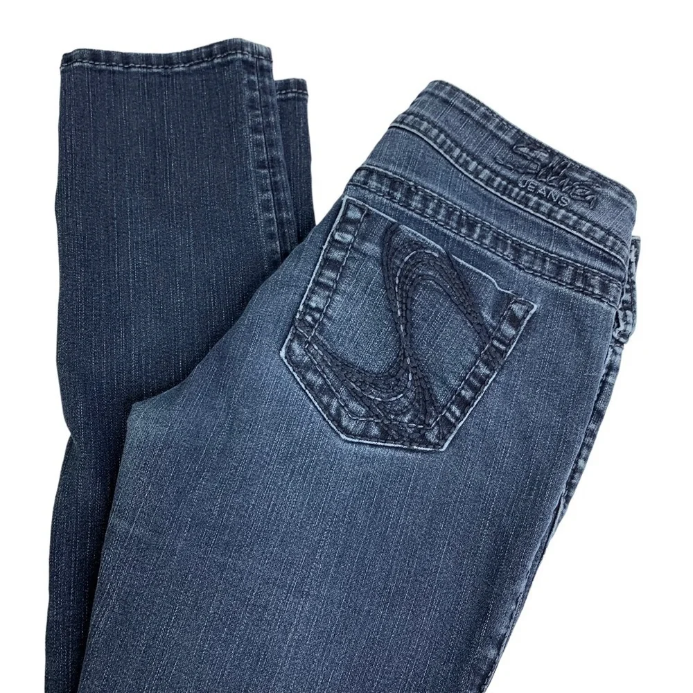 Silver SUKI Skinny Jeans with Embroidered Navy Blue S on Back Pockets W 29”X31”